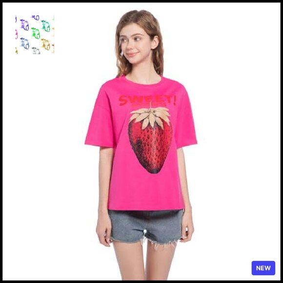 Oversized Strawberry Print Tee Y2K Chic Plus Size Cotton Casual Top - Picture 3 of 8